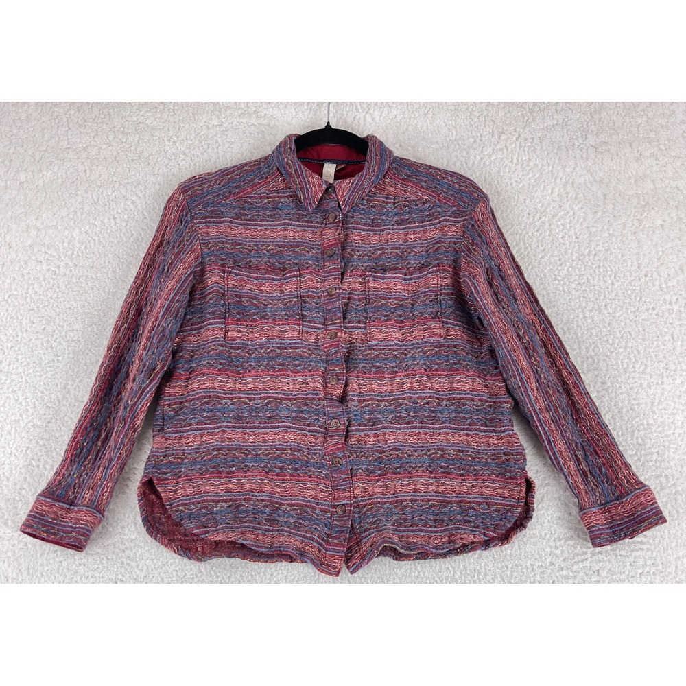 Pilcro Button-Up Shirt Womens‎ Medium Red Metallic Stripe Colorful Long Sleeve